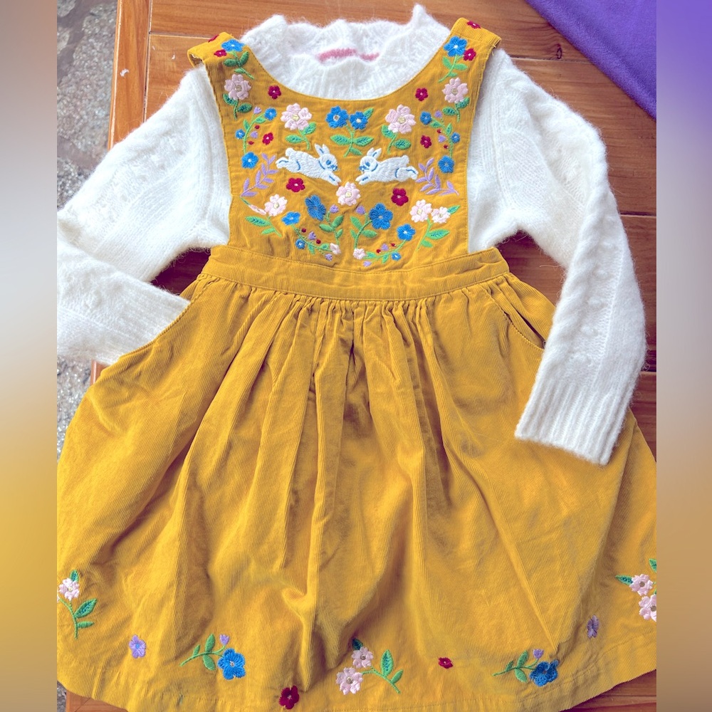 Mini Boden Yellow Corduroy Pinafore Dress with White Sweater